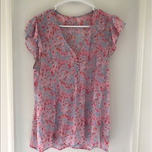 Joie Sheer Blue Pink Red Abstract Floral Blouse M